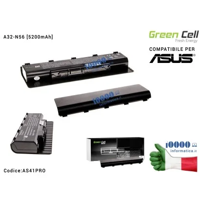 AS41PRO Batteria A32-N56 Green Cell PRO Compatibile per ASUS G56 N46 N56 N56DP N56V N56VM N56VZ N76 [5200mAh]