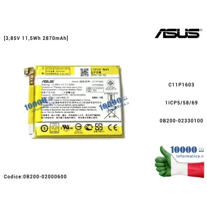 0B200-02000600 Batteria C11P1603 ASUS ZenFone 3 Deluxe ZS570KL (Z016D) (Z016S) [3,85V 11,5Wh 2870mAh] 0B200-02330100