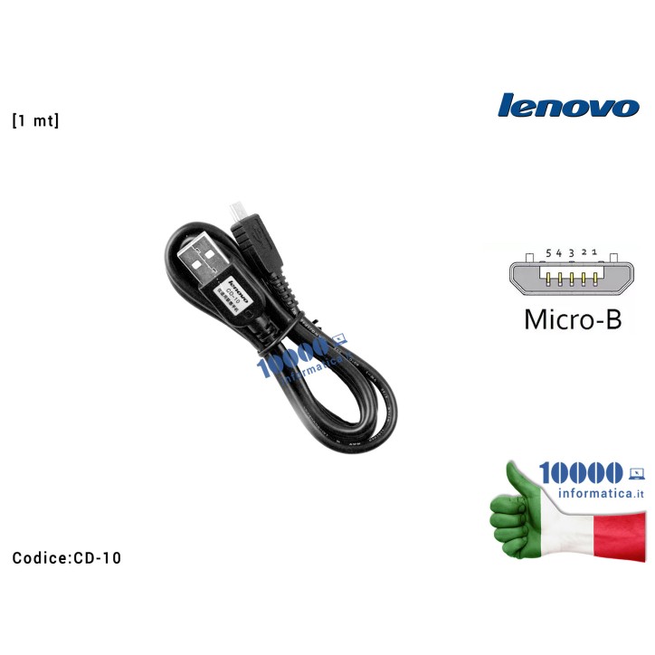 Cavo Lenovo microUSB Dati Ricarica [1 mt] Vibe K3 K5 K10 P1 P2 A820T A820 A390T A800 A390 P780 A820E A830 A789