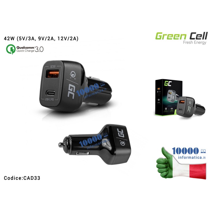 Alimentatore Green Cell per Auto USB e USB-C 42W (5V/3A, 9V/2A, 12V/2A) Carica Batteria Universale per Macchina QC 3.0 Ricarica 