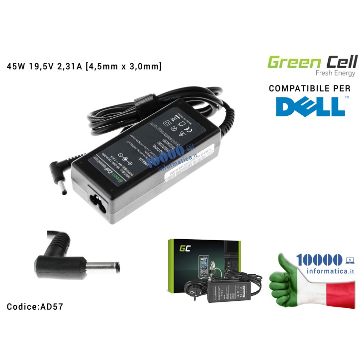 Alimentatore Green Cell 45W 19,5V 2,31A [4,5mm x 3,0mm] Compatibile per DELL XPS 12 13 Inspiron 14 (3452) (5451) 15 (5551) (3552