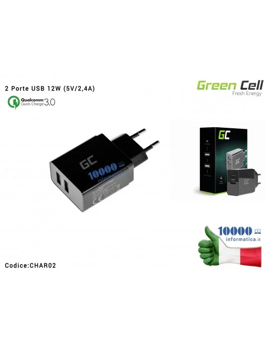 CHAR02 Alimentatore Green Cell 2 Porte USB 12W (5V/2,4A) Ricarica Intelligente iQ Smart Charging