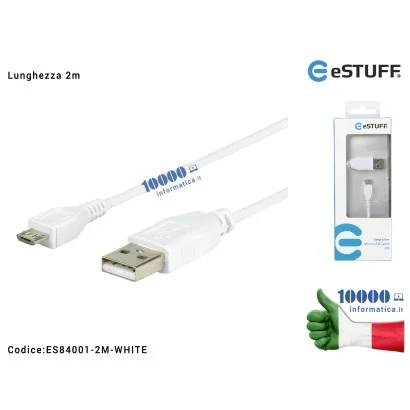 ES84001-2M-WHITE Cavo Dati Ricarica USB a microUSB eSTUFF [2 metri] Asus Samsung Huawei Lenovo Nokia