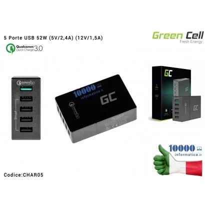 CHAR05 Alimentatore Green Cell 5 Porte USB 52W (5V/2,4A) (12V/1,5A) QC 3.0 Ricarica Veloce Fast Charging Qualcomm Quick Charg...