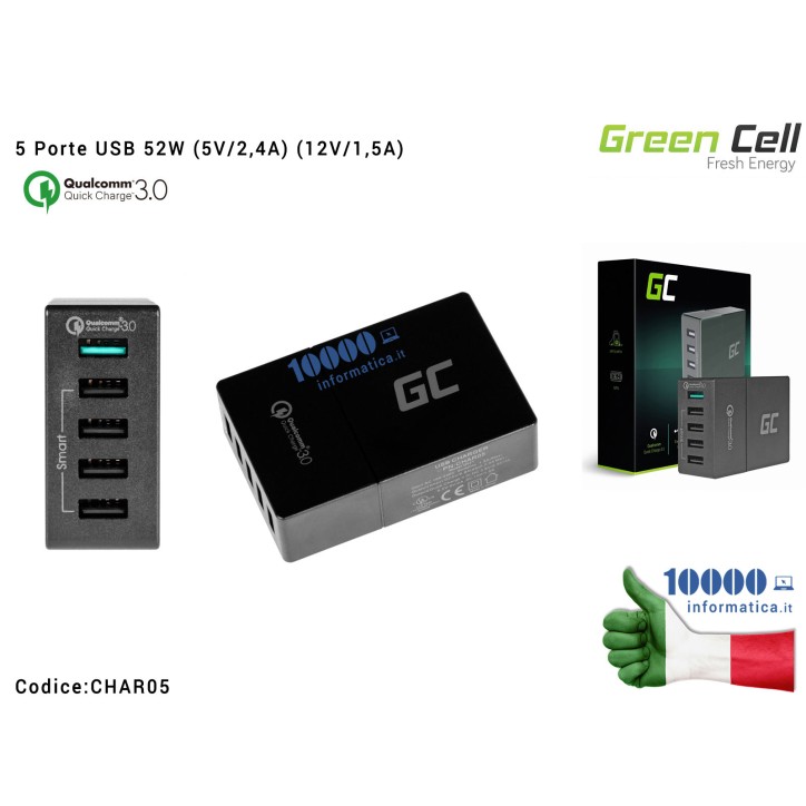 Alimentatore Green Cell 5 Porte USB 52W (5V/2,4A) (12V/1,5A) QC 3.0 Ricarica Veloce Fast Charging Qualcomm Quick Charge 3.0
