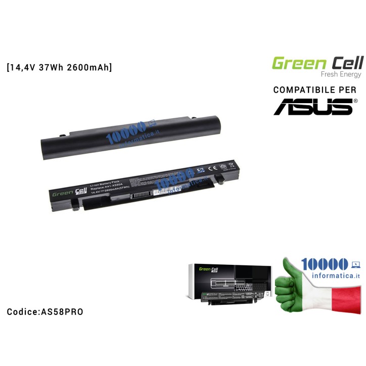 Batteria A41-X550A Green Cell PRO Compatibile per ASUS A450 A550 R510 R510CA X550 X550CA X550CC X550VC [2600mAh]