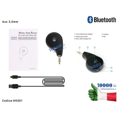 HK011 Ricevitore Bluetooth Adattatore Wireless AUX 3,5mm Kit Auto Macchina