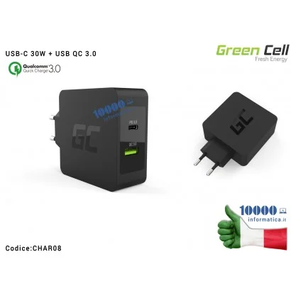 CHAR08 Alimentatore Green Cell USB-C 30W + USB QC 3.0 Ricarica Veloce Compatibile per APPLE MacBook 12, LENOVO Yoga Tab 3 Plus