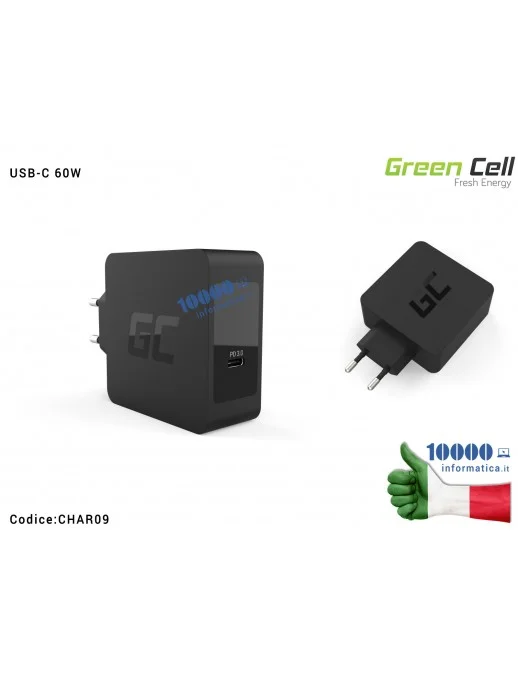CHAR09 Alimentatore Green Cell USB-C 60W Compatibile per APPLE MacBook Pro 13 ASUS ZenBook, HP Spectre, LENOVO ThinkPad