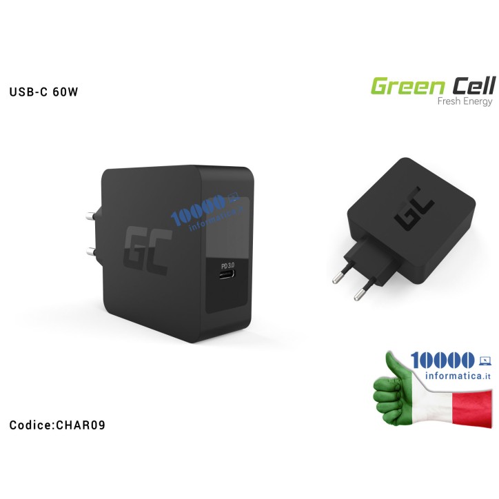 Alimentatore USB-C 60W Green Cell per APPLE MacBook Pro 13 Asus ZenBook, HP Spectre, Lenovo ThinkPad, Ipad, iPhone