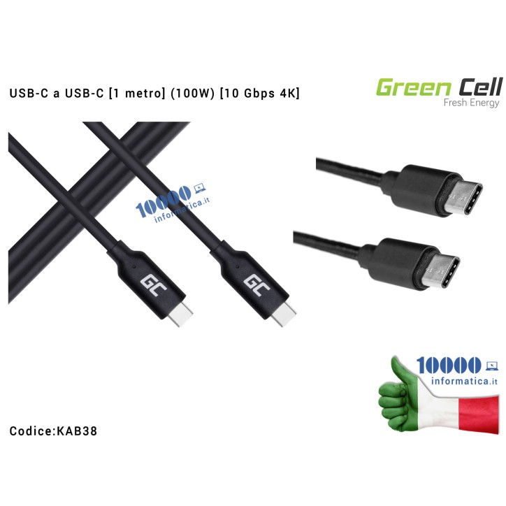 Cavo USB-C a USB-C Green Cell [1 metro] (100W) [10 Gbps 4K] Type-C a Type-C