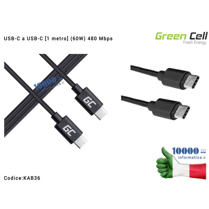 Cavo USB-C a USB-C Green Cell [1 metro] (60W) [480 Mbps] Type-C a Type-C