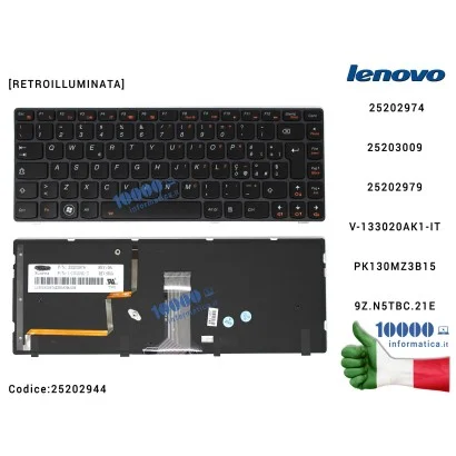 25202944 Tastiera Italiana LENOVO IdeaPad Y480 (FRAME NERO) [RETROILLUMINATA] 25202974 PK130MZ3B15 9Z.N5TBC.21E 25203009 2520...