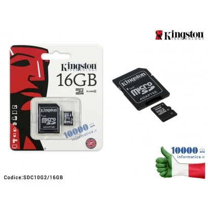 Micro SD micro SDHC 16 GB KINGSTON Classe 10 con Adattatore SD 45MB/s SDC10G2/16GB