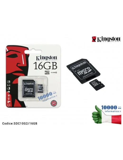 SDC10G2/16GB Micro SD micro SDHC 16 GB KINGSTON Classe 10 con Adattatore SD 45MB/s SDC10G2/16GB