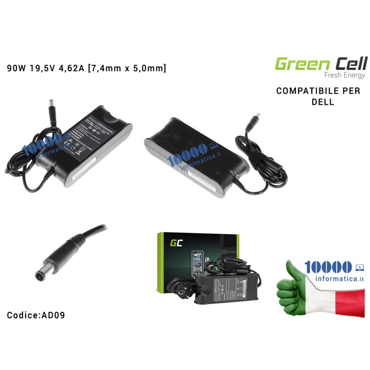 Alimentatore Green Cell 90W 19,5V 4,62A [7,4mm x 5,0mm] Compatibile per DELL Latitude D600 D610 D620 D630 D400 D800 1545 XPS 16 
