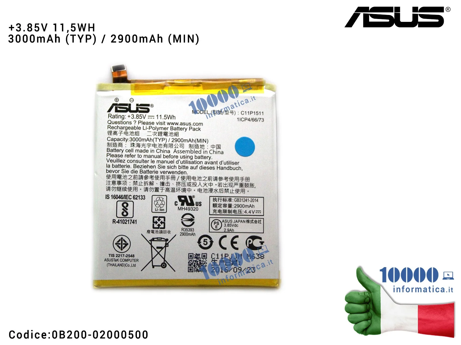 0B200-02000500 Batteria C11P1511 ASUS ZenFone 3 ZE552KL (Z012D) (Z012S) [3,85V 1,5Wh 3000mAh]