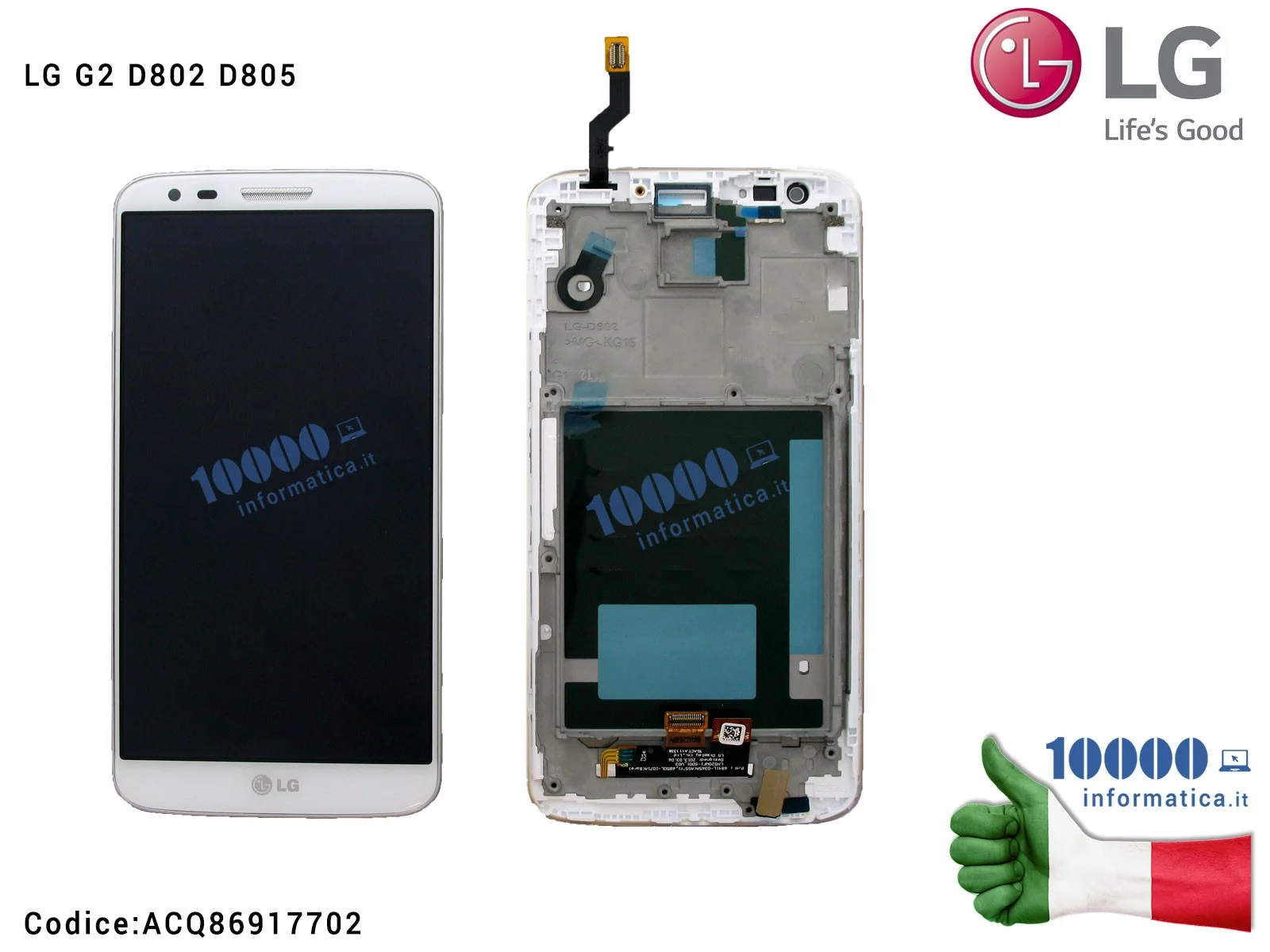 ACQ86917702 Display LCD con Vetro Touch Screen LG G2 D802 D805 (BIANCO)