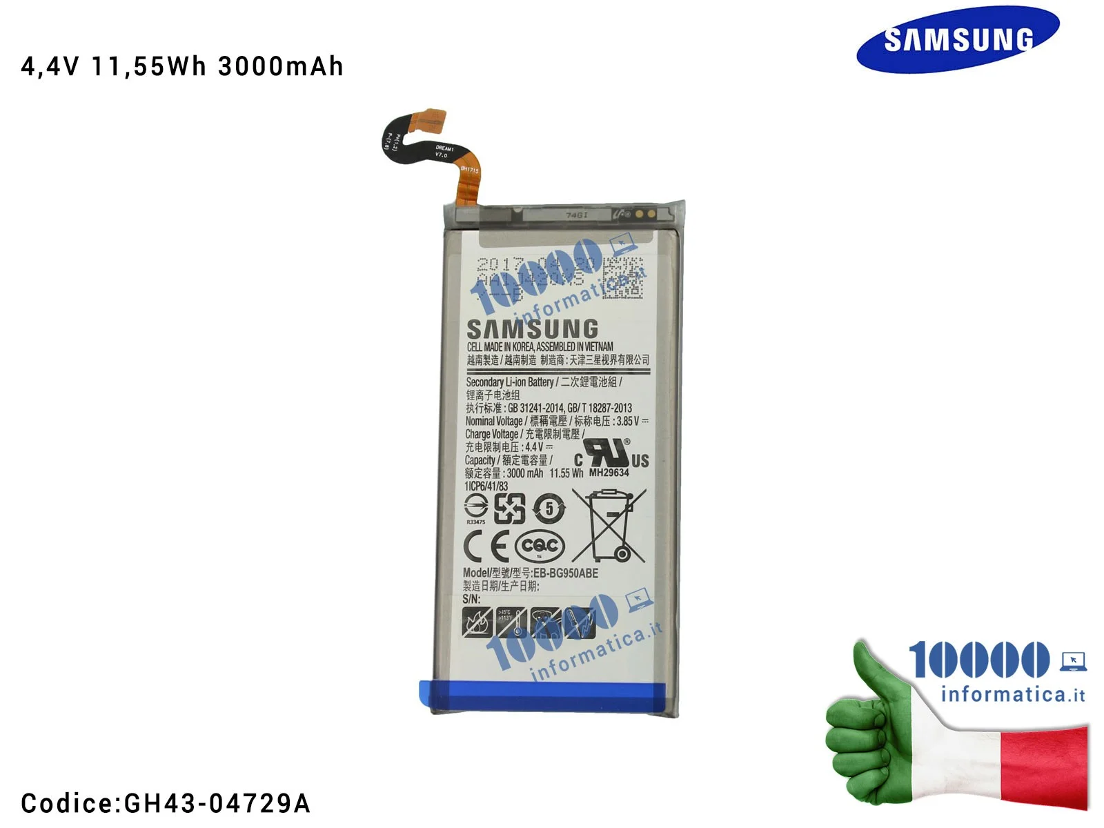 GH43-04729A Batteria EB-BG950ABE SAMSUNG Galaxy S8 SM-G950F G950F [3000mAh 3,85V 11,55Whr] 1ICP6/41/83