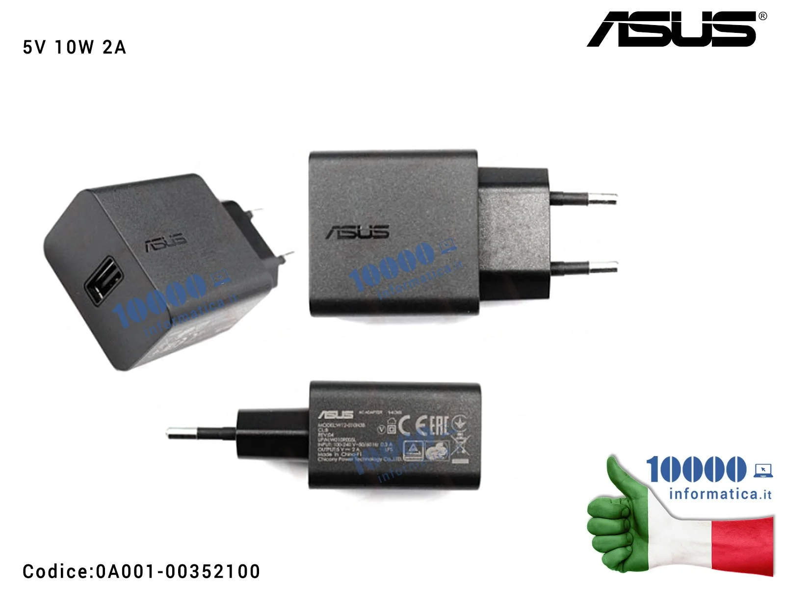 0A001-00352100 Alimentatore USB ASUS [10W 5V 2A] AD897020 M80TA T100TA T100TAF T100TAL T100TAM TF303CL VivoTab ME400CL Pad Me...