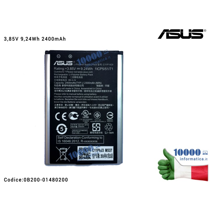 Batteria C11P1428 ASUS ZenFone 2 Laser ZE500KL (Z00ED) ZE500KG (Z00RD) [3,85V 9,24Wh 2400mAh]