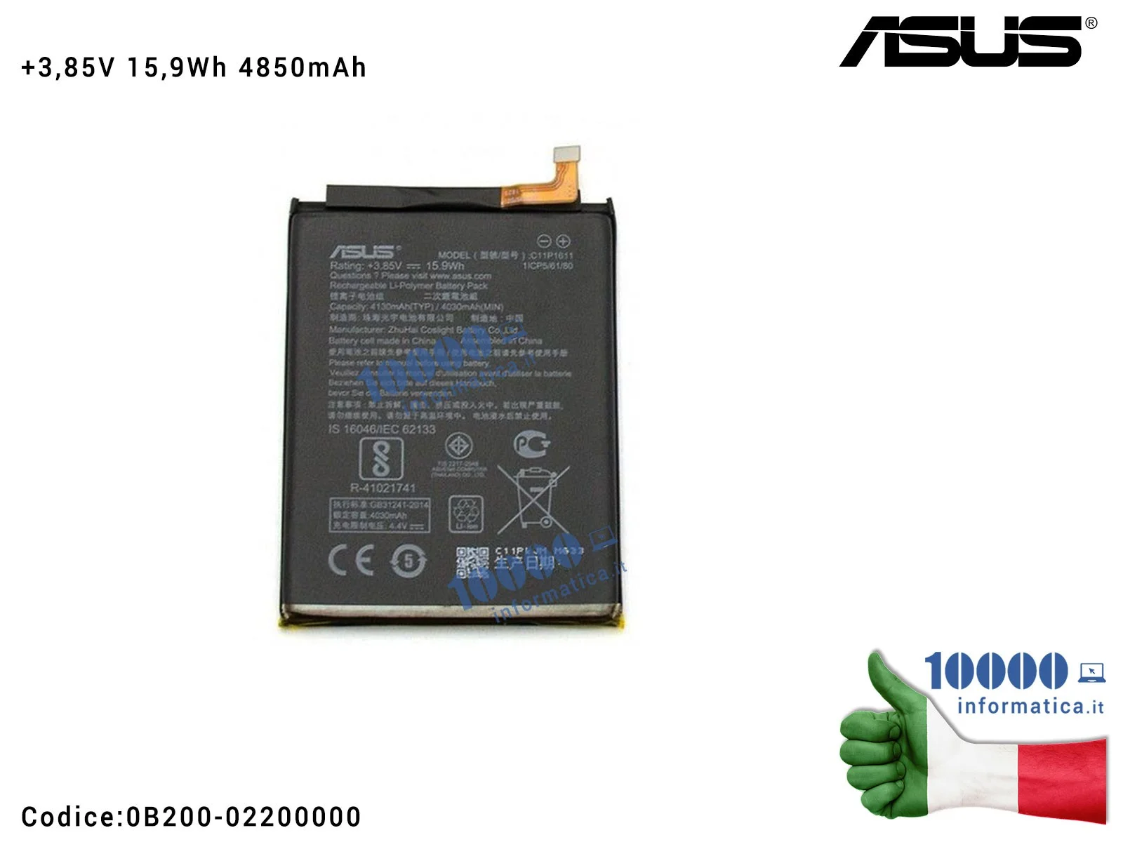 0B200-02200000 Batteria C11P1611 ASUS ZenFone 3 Max ZC520TL (X008D) [3,85V 15,9Wh 4130mAh]