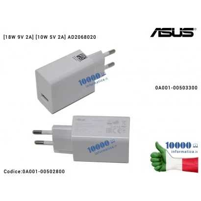 0A001-00502800 Alimentatore USB ASUS [18W 9V 2A] [10W 5V 2A] AD2068020 (BIANCO) ZenFone 3 Deluxe ZS550KL (Z01FD) ZS570KL (Z01...