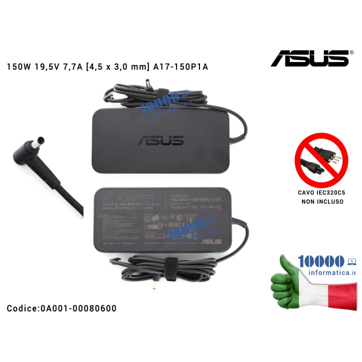 Alimentatore ASUS 150W 19,5V 7,7A [4,5 x 3,0 mm] ZenBook Pro 15 UX580 UX580DG A17-150P1A UX550 UX550GD UX550GDX UX550GE UX550GEX