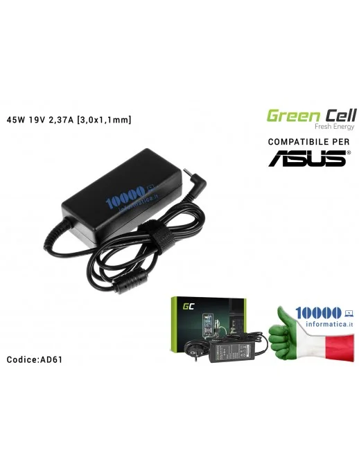 AD61 Alimentatore Green Cell 45W 19V 2,37A [3,0x1,1mm] Compatibile per ASUS ZenBook UX21 UX21A UX21E UX31 UX31E C23-UX21