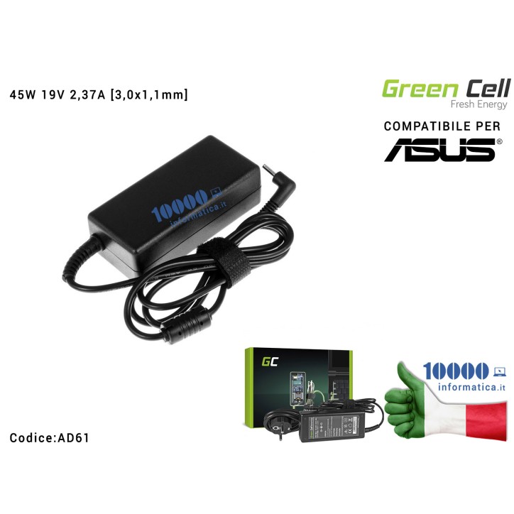Alimentatore Green Cell 45W 19V 2,37A [3,0x1,1mm] Compatibile per ASUS ZenBook UX21 UX21A UX21E UX31 UX31E C23-UX21