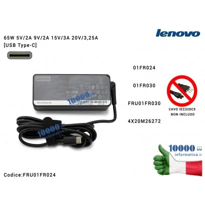 FRU01FR024 Alimentatore LENOVO 65W 5V/2A 9V/2A 15V/3A 20V/3,25A [USB Type-C] ThinkPad X280 T480 T480s T570 01FR024 01FR030 4X...