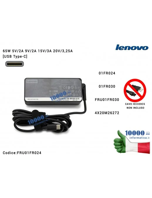 FRU01FR024 Alimentatore LENOVO 65W 5V/2A 9V/2A 15V/3A 20V/3,25A [USB Type-C] ThinkPad X280 T480 T480s T570 01FR024 01FR030 4X...
