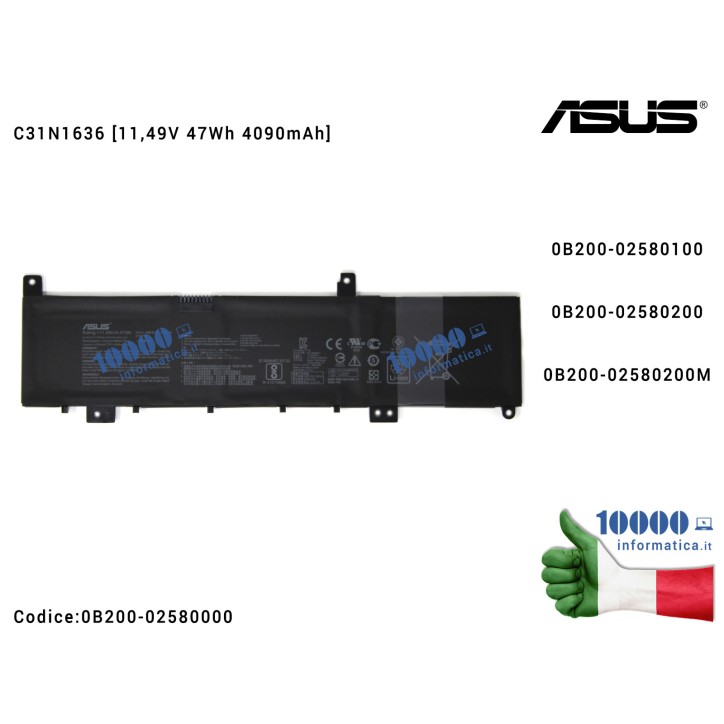 Batteria C31N1636 ASUS VivoBook Pro X580 X580VD X580VN [11,49V 47Wh 4090mAh] 0B200-025801000B200-02580200 0B200-02580200M
