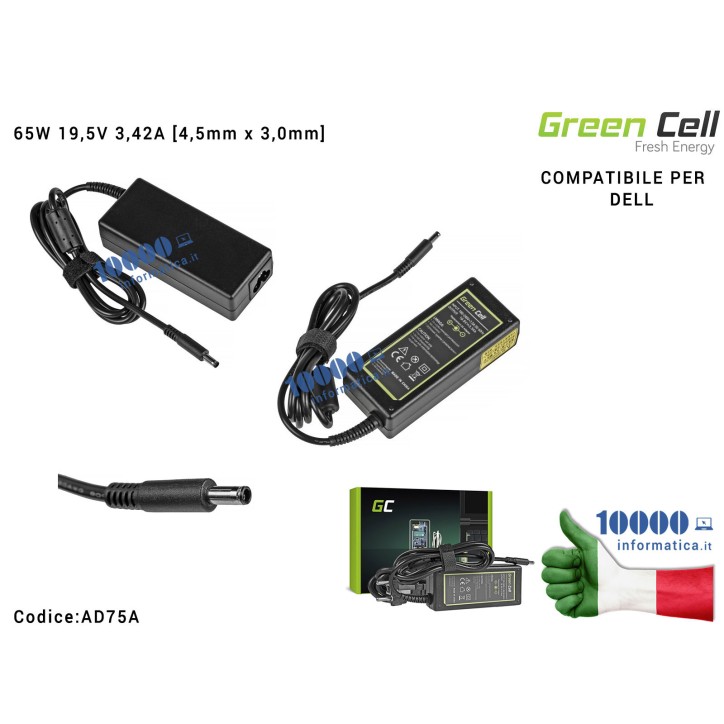 Alimentatore Green Cell 65W 19,5V 3,34A [4,5mm x 3,0mm] Compatibile per DELL Inspiron 15 3543 3555 3558 5552 5558 5559 5568 17 5