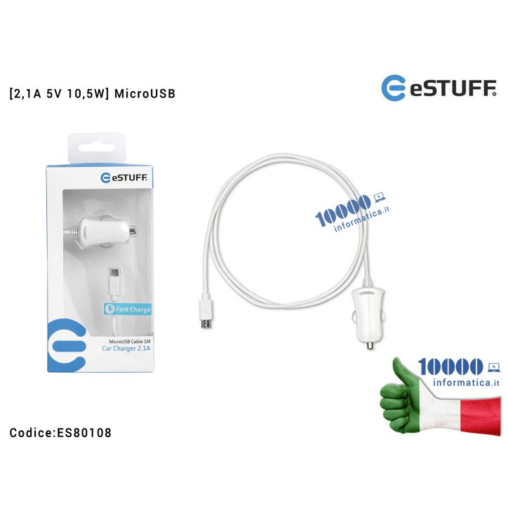 Alimentatore da Auto MicroUSB [5V 2,1A 10,5W ] eSTUFF [BIANCO] (1 mt) Caricabatteria per Accendisigari Macchina Car Charger