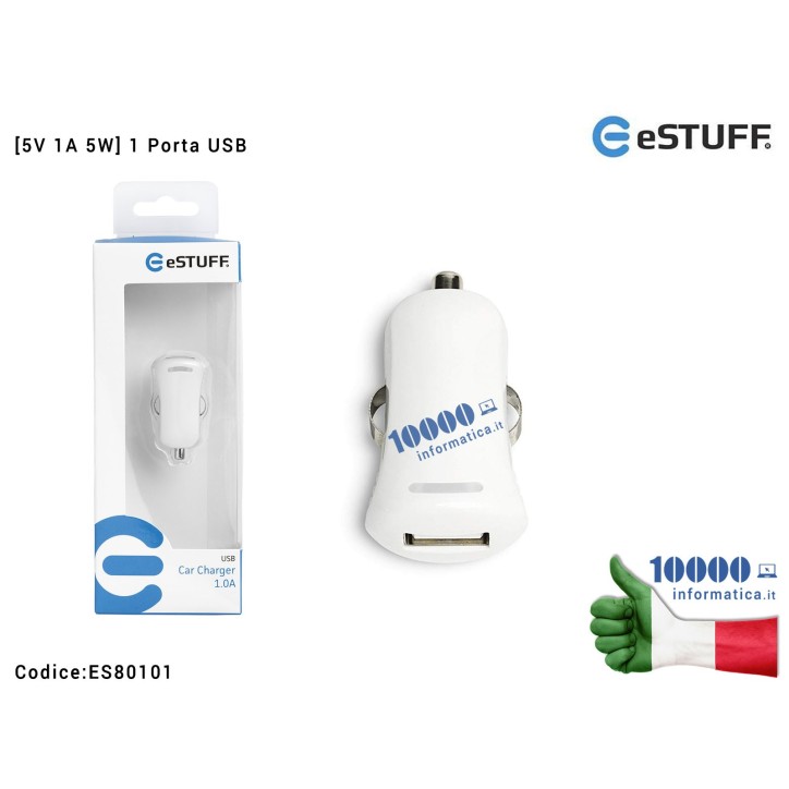 Alimentatore da Auto [5V 1A 5W] eSTUFF 1 Porta USB [BIANCO] Caricabatteria per Accendisigari Macchina Car Charger