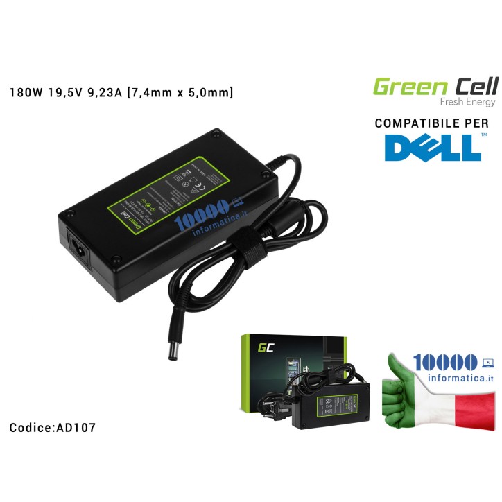 Alimentatore Green Cell 180W 19,5V 9,23A [7,4mm x 5,0mm] Compatibile per DELL Latitude E5510 3550 E7240 E7440 5290 7275 Precisio