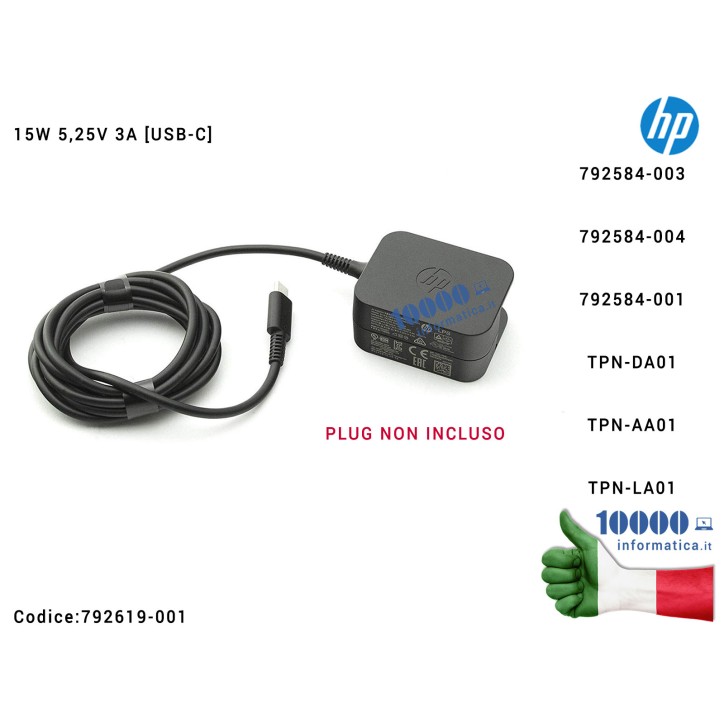 Alimentatore HP 15W 5,25V 3A [USB-C] Pro Tablet 608 G1 Pavilion X2 10-n X2 210 G1 TPN-DA01TPN-AA01 TPN-LA01 792584-003792584-004