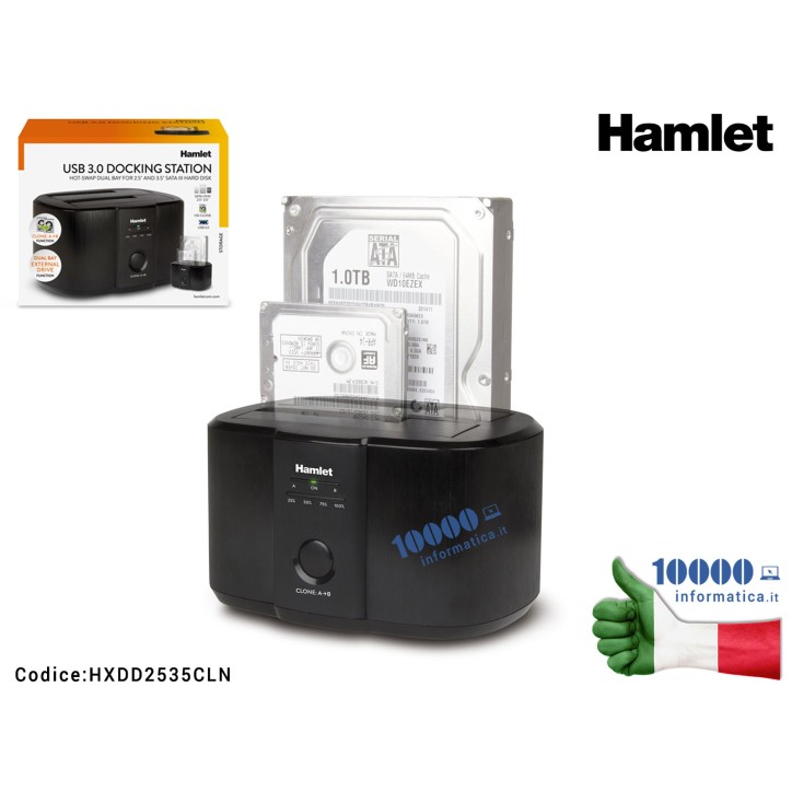 Docking Station HAMLET USB 3.0 Dual Bay per Clone Hard Disk HDD SSD SATA 2,5/3,5