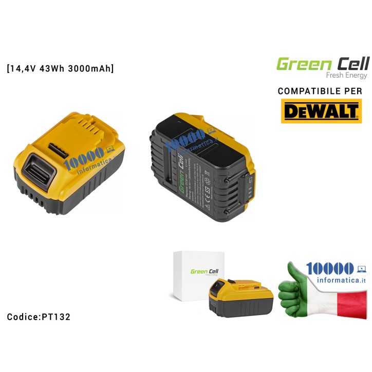 Batteria Supplementare Green Cell per Avvitatore Trapano DeWalt DCB140 DCB141 DCB142 DCB140-XJ DCB141-XJ [14,4V 43Wh 3000mAh]