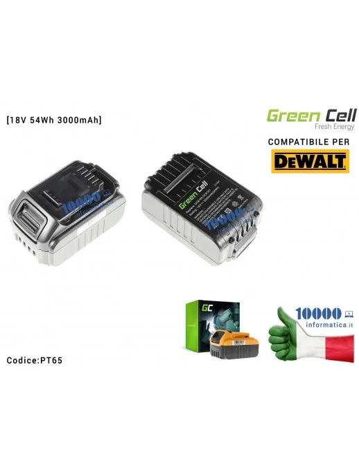 PT65 Batteria Green Cell per Avvitatore Trapano DeWalt DCB180 DCD740 DCD780 DCD980 DCF620 DCF880 DCN660 DCS350 DCS380 [18V 54...