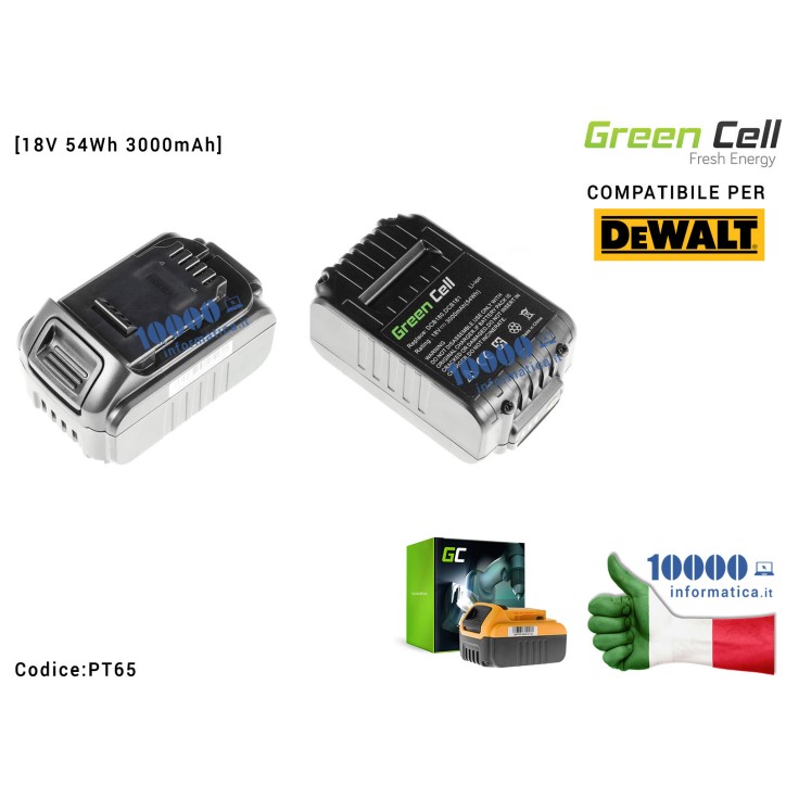 Batteria Green Cell per Avvitatore Trapano DeWalt DCB180 DCD740 DCD780 DCD980 DCF620 DCF880 DCN660 DCS350 DCS380 [18V 54Wh 3000m