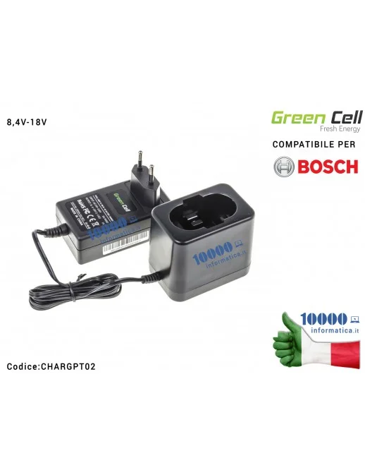 CHARGPT02 Alimentatore Carica Batteria Green Cell per Avvitatore Trapano Bosch 8,4V-18V Ni-MH/Ni-CD