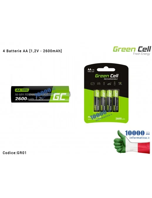 GR01 4 Batterie Stilo AA Ricaricabili Green Cell HR01 HR6 Ni-MH [1,2V - 2600mAh]