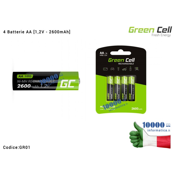 4 Batterie Stilo AA Ricaricabili Green Cell HR01 HR6 Ni-MH [1,2V - 2600mAh]