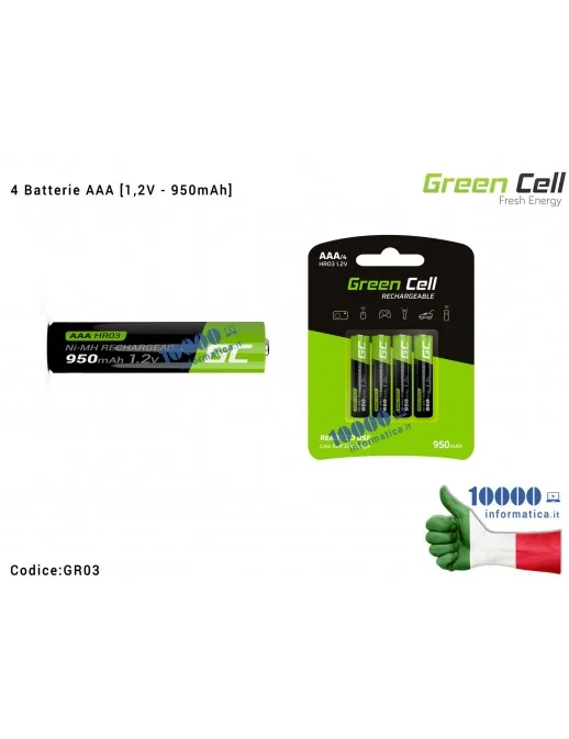 GR03 4 Batterie miniStilo AAA Ricaricabili Green Cell HR03 1,2V Ni-MH [950mAh]