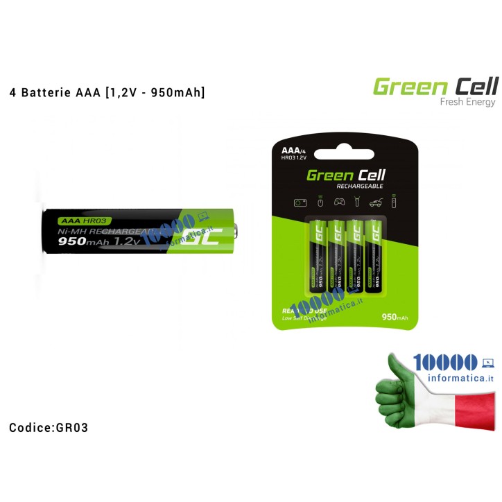 4 Batterie miniStilo AAA Ricaricabili Green Cell HR03 1,2V Ni-MH [950mAh]