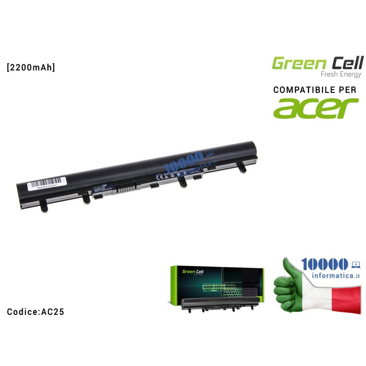 Batteria AL12A32 Green Cell Compatibile per ACER Aspire E1-522 E1-530 E1-532 E1-570 E1-572 V5-531 [2200mAh]