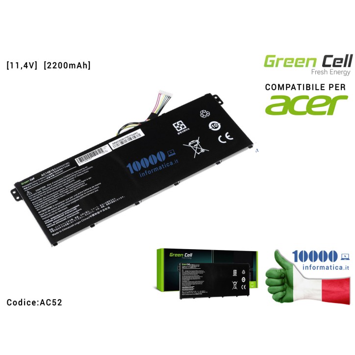 Batteria AC14B13J AC14B18K [11,4V] Green Cell Compatibile per ACER Aspire 5 A515 A517 E15 ES1-512 ES1-533 R5-571T V3-372 Nitro 5