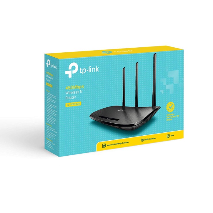 TP-Link TL-WR940N N450 Router Wi-Fi 450 Mbps a 2.4 GHz, 5 10/100M Porti, 3 5dBi Fixed Antenne, Wireless On/Off, Power On/Off, WP